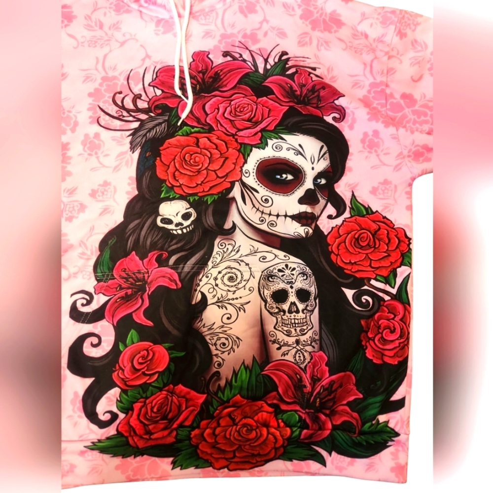 Pink Floral Pink Hoodie Sweatshirt with Day of the Dead Design XXL / 2X